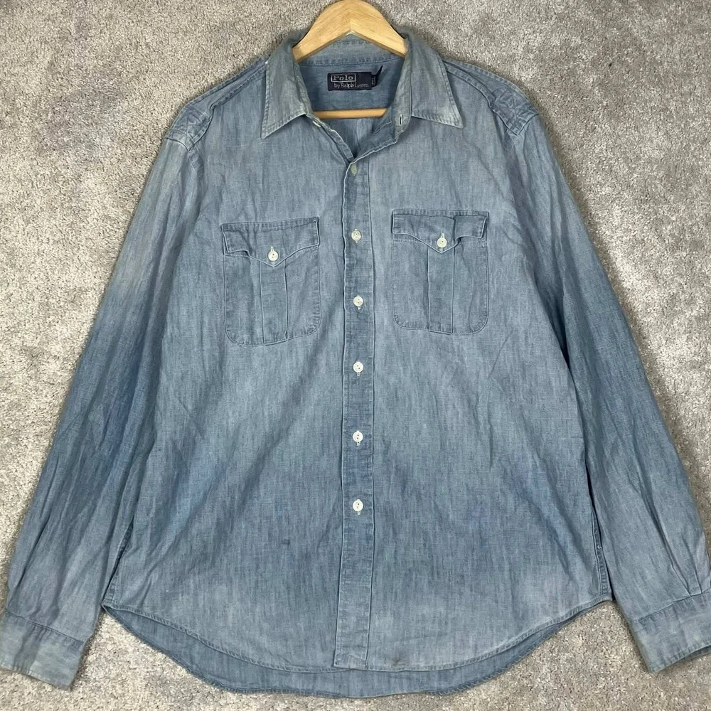 VTG Polo Ralph Lauren Chambray Shirt Mens XL Blue Long Sleeve Utility Workwear